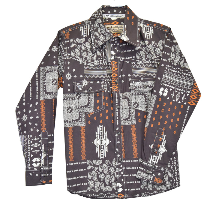 Youth Boy's CH Dark Chocolate "Aztec Bandana" Long Sleeve Western Shirt from Cowboy Hardware
