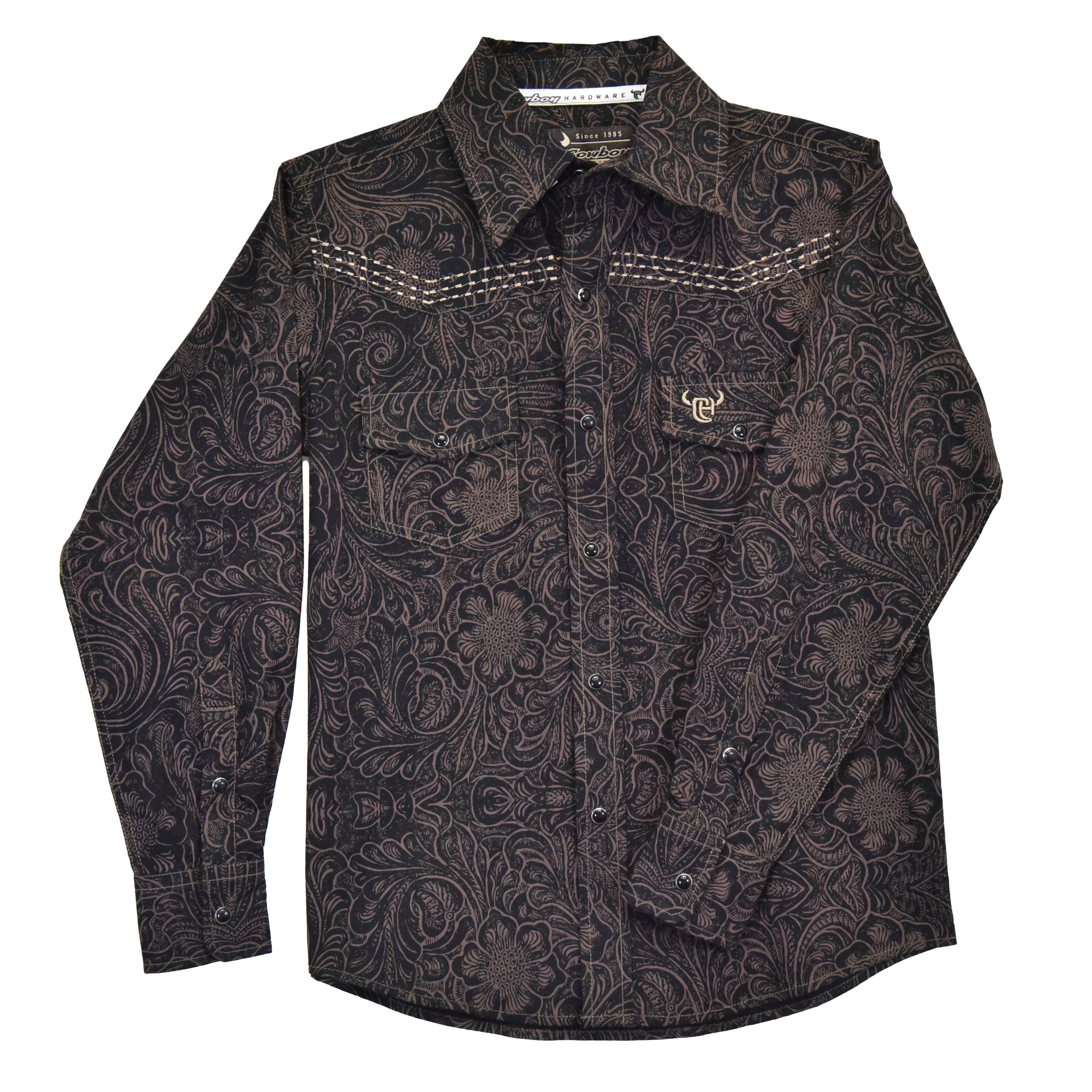 Youth Boy's CH "Tooled Floral" Brown Long Sleeve Western Shirt from Cowboy Hardware