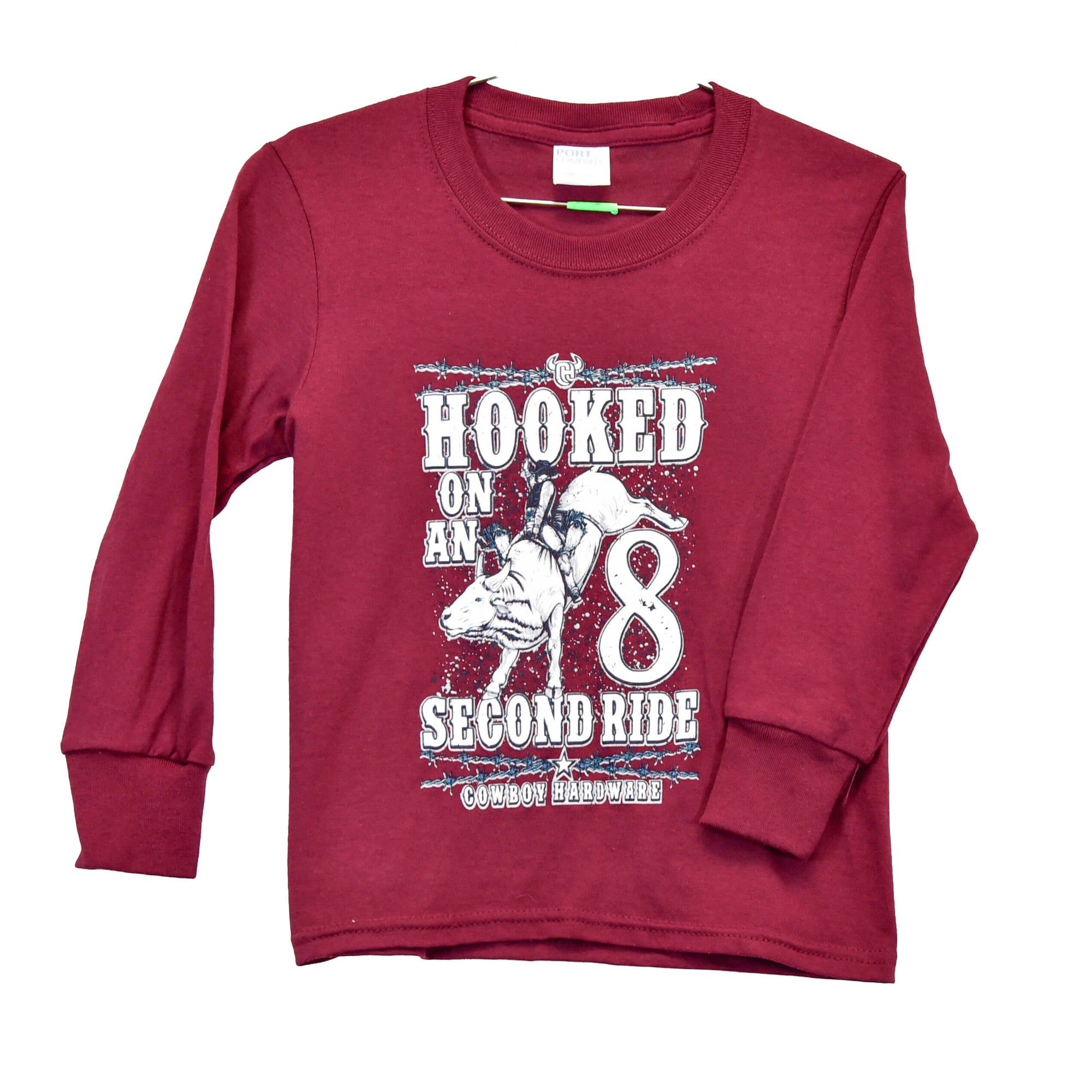 Youth Boy's Maroon "Hooked on an 8 Second" Long Sleeve T-Shirt from Cowboy Hardware