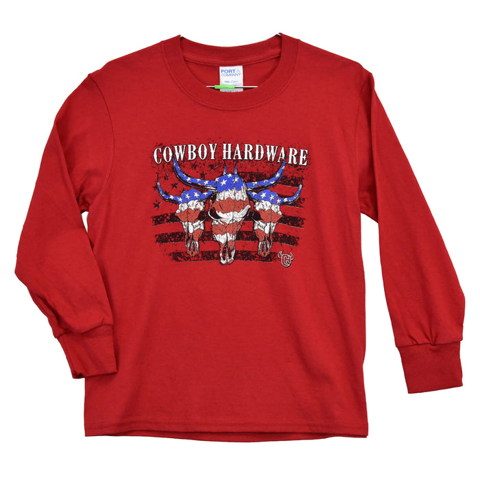 Youth Boy's Triple Flag Skull Long Sleeve Red Tee from Cowboy Hardware