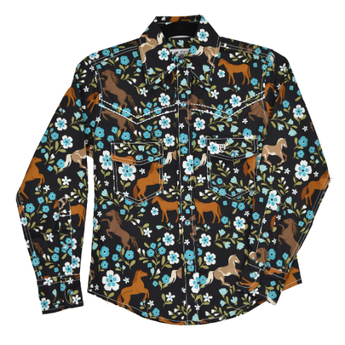 Youth Girl's CH Black "Horse & Flowers" Long Sleeve Western Shirt from Cowboy Hardware