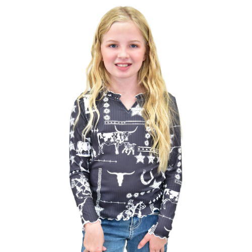 Youth Girl's CH Black "Western Liberty" Long Sleeve V-Neck Top from Cowboy Hardware