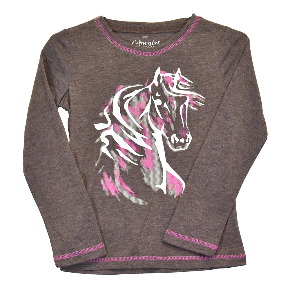 Youth Girl's CH Dark Chocolate "Watercolor Horse" Long Sleeve Top from Cowboy Hardware