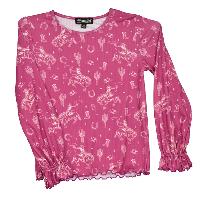 Youth Girl's CH Pink "Buck N Boots" Long Sleeve Top from Cowboy Hardware