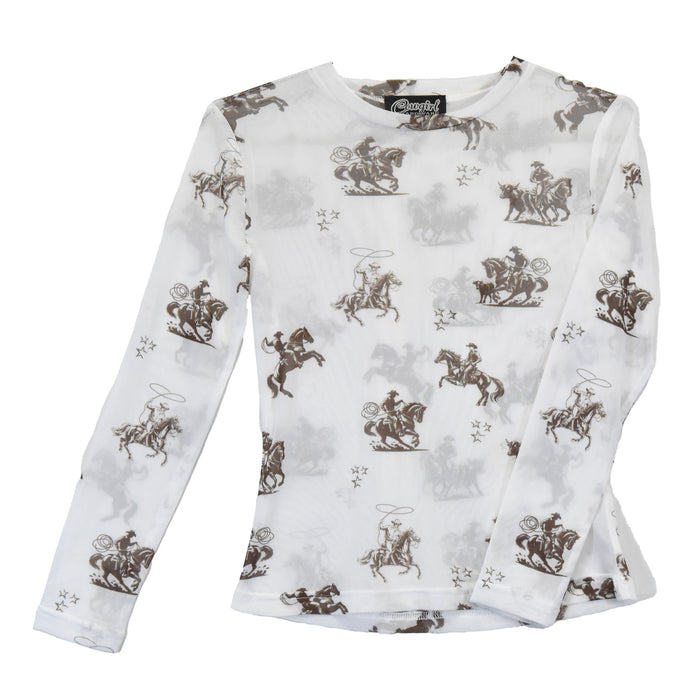 Youth Girl’s CH White “Desert Bronc Mesh” Long Sleeve Top from Cowboy Hardware