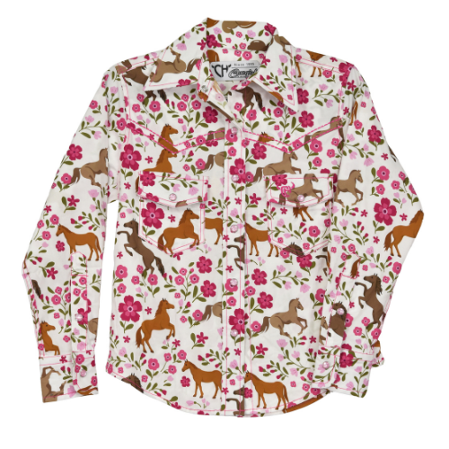 Youth Girl's CH White "Horse & Flowers" Long Sleeve Western Shirt from Cowboy Hardware