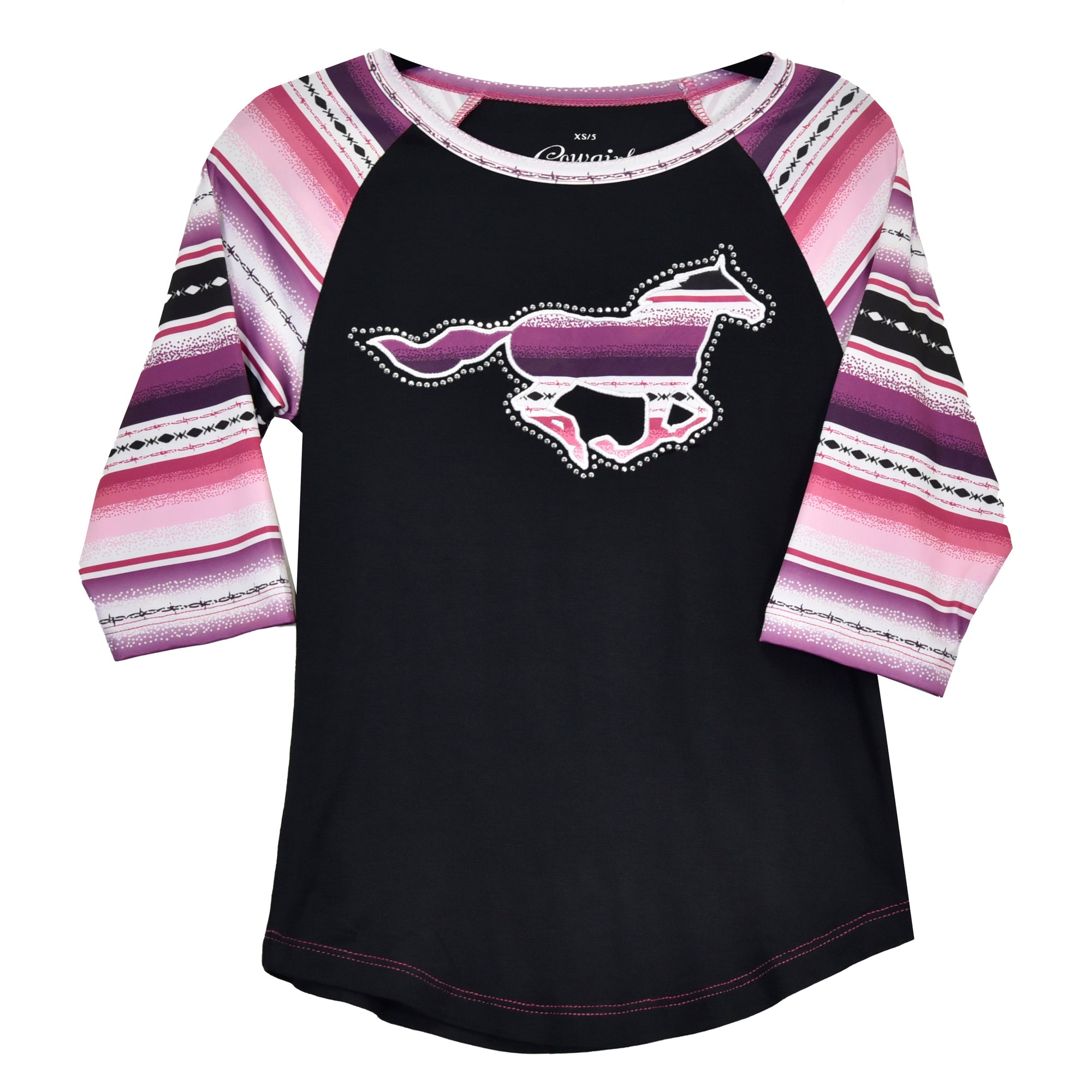 Youth Girl's Cowgirl Hardware Black "Chevron Running Horse" Raglan 3/4 Sleeve Top from Cowboy Hardware