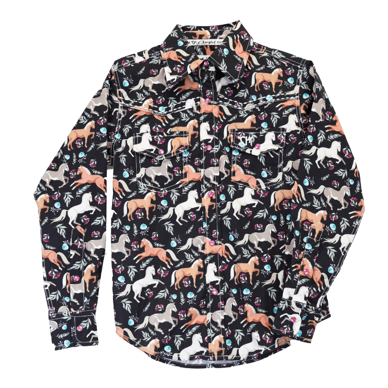 Youth Girl's CH Black "Horse Flowers" Long Sleeve Western Shirt