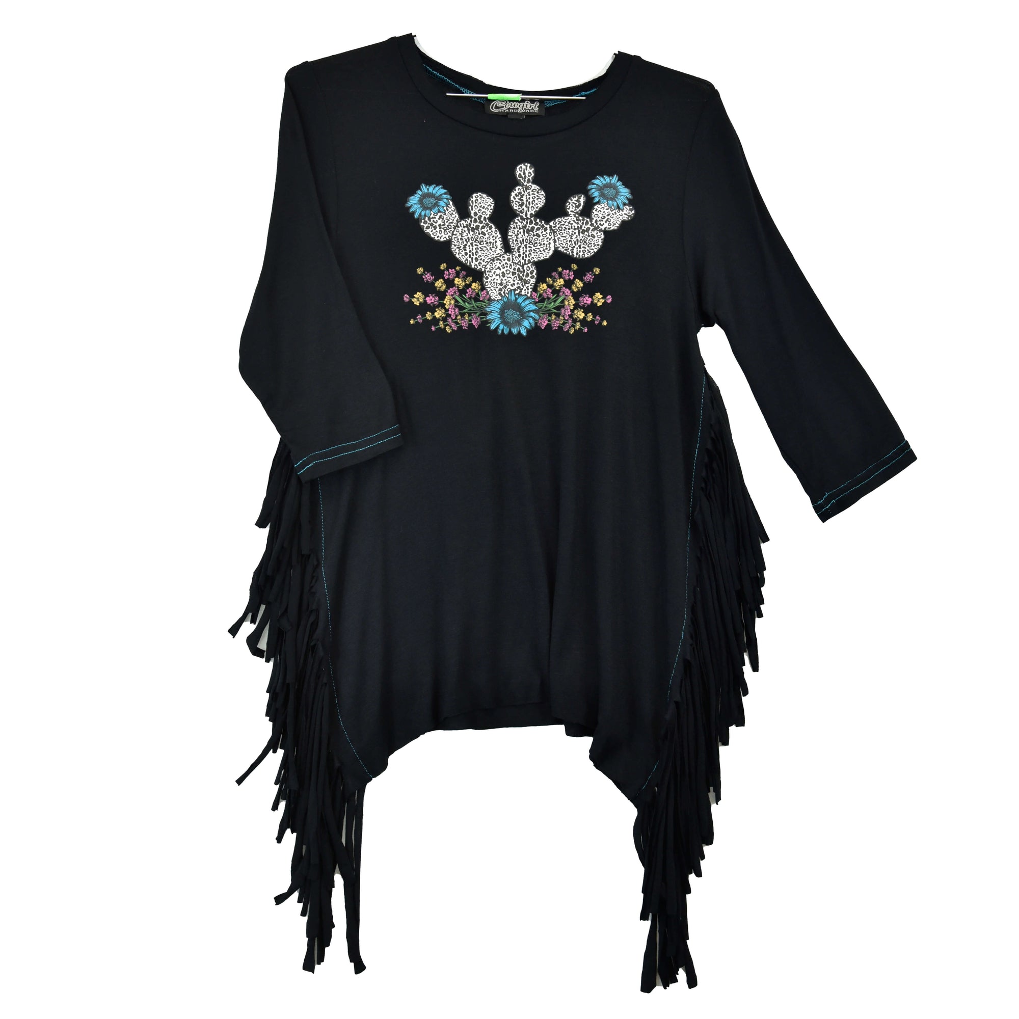 Youth Girl's Cowgirl Hardware Black "Leopard Cactus" 3/4 Sleeve Fringe Top from Cowboy Hardware