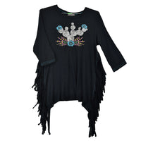 Youth Girl's Cowgirl Hardware Black "Leopard Cactus" 3/4 Sleeve Fringe Top from Cowboy Hardware