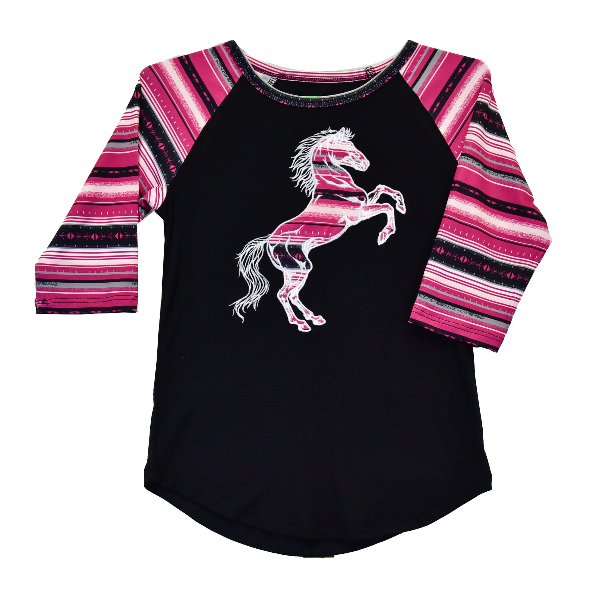 Youth Girl's Cowgirl Hardware Black "Serape Horse" Raglan 3/4 Sleeve Top from Cowboy Hardware