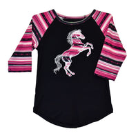 Youth Girl's Cowgirl Hardware Black "Serape Horse" Raglan 3/4 Sleeve Top from Cowboy Hardware