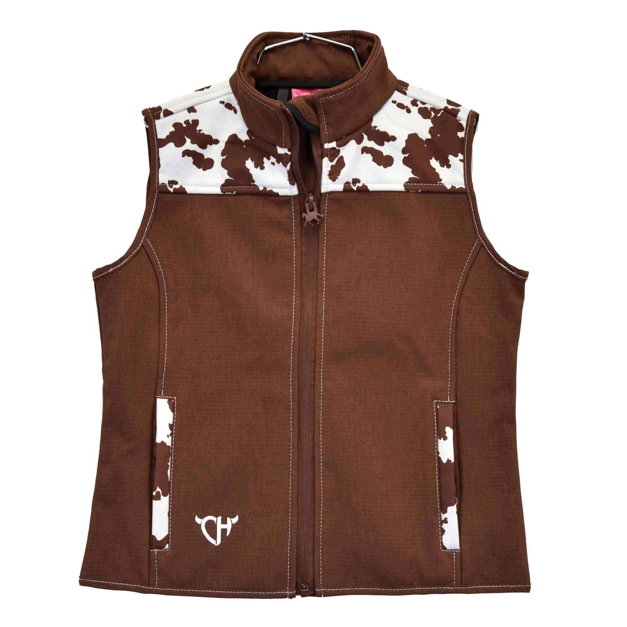 Youth Girl's Cowgirl Hardware Brown Cowprint Yoke Poly Shell Vest from Cowboy Hardware