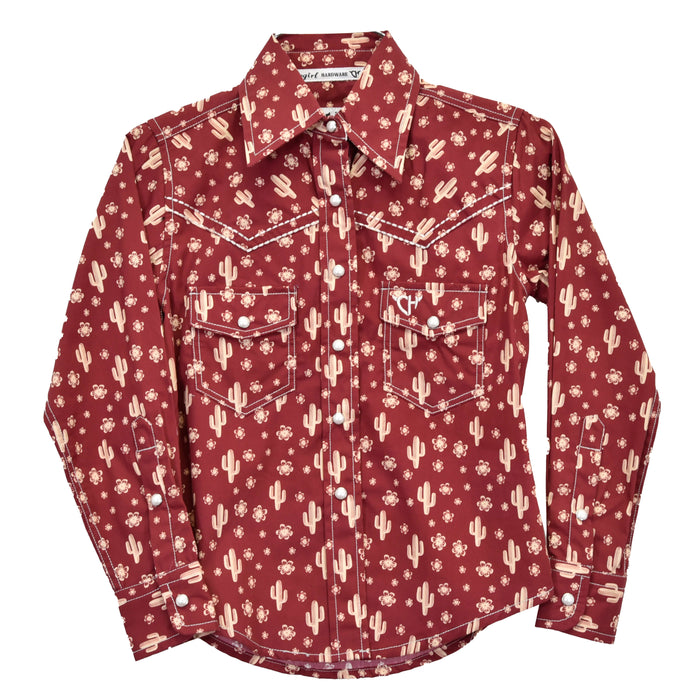 Youth Girl's Cowgirl Hardware Burgundy "Daisy Cactus" Long Sleeve Western Shirt from Cowboy Hardware