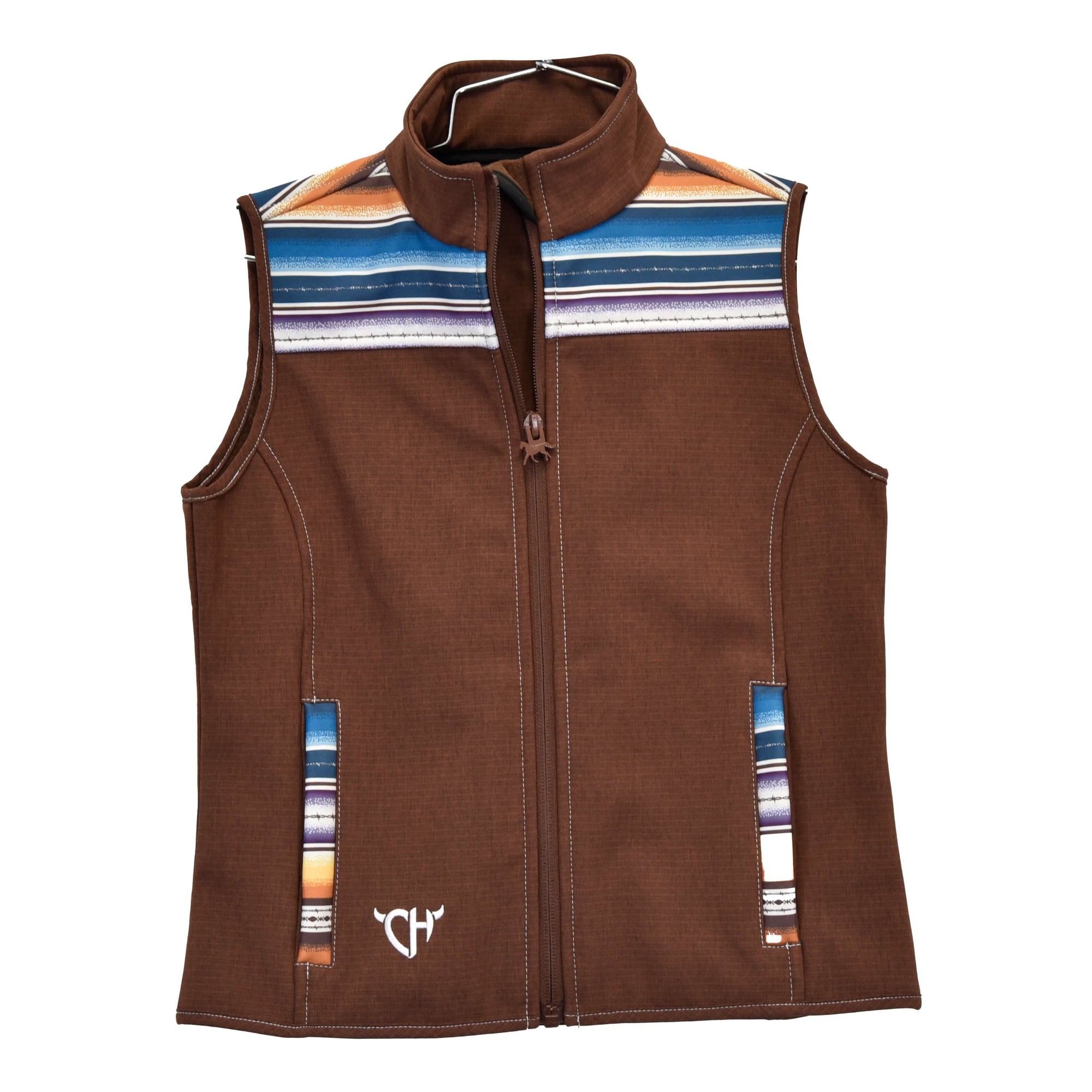 Youth Girl's Cowgirl Hardware Chevron Serape Brown Poly Shell Vest with Blue,Gold and Purple Serape Yoke from Cowboy Hardware
