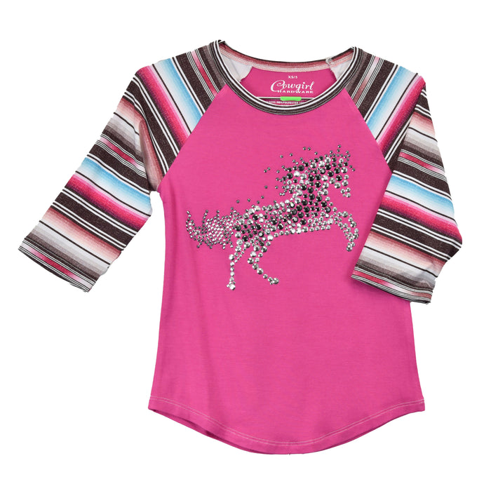 Youth Girl's Cowgirl Hardware Crystal Horse Pink Serape Sleeve Raglan from Cowboy Hardware