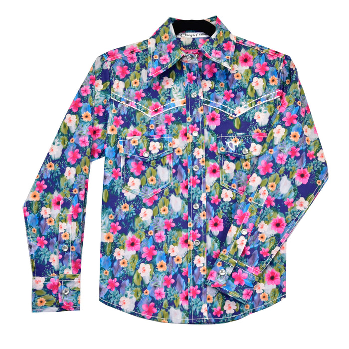 Youth Girl's Cowgirl Hardware Navy "Floral Monet" Long Sleeve Western Shirt from Cowboy Hardware