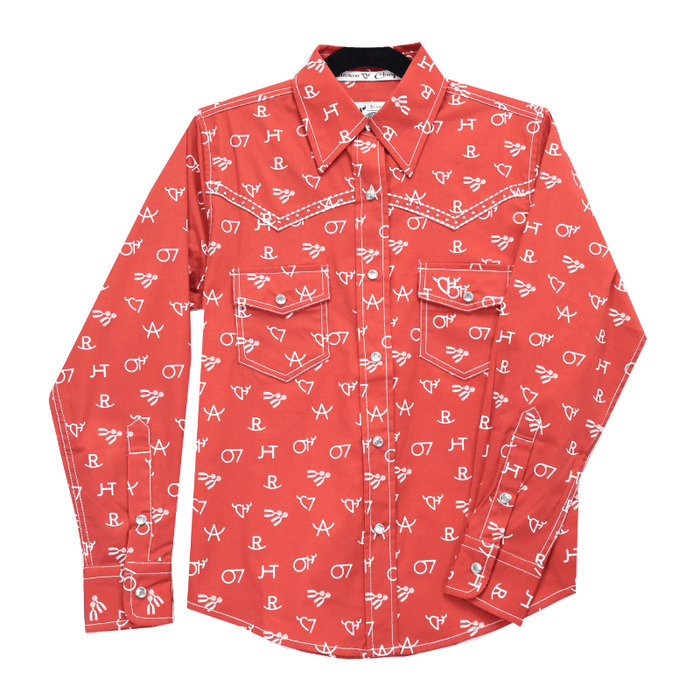Youth Girl's Cowgirl Hardware Red "Branding Irons" Long Sleeve Western Shirt from Cowboy Hardware