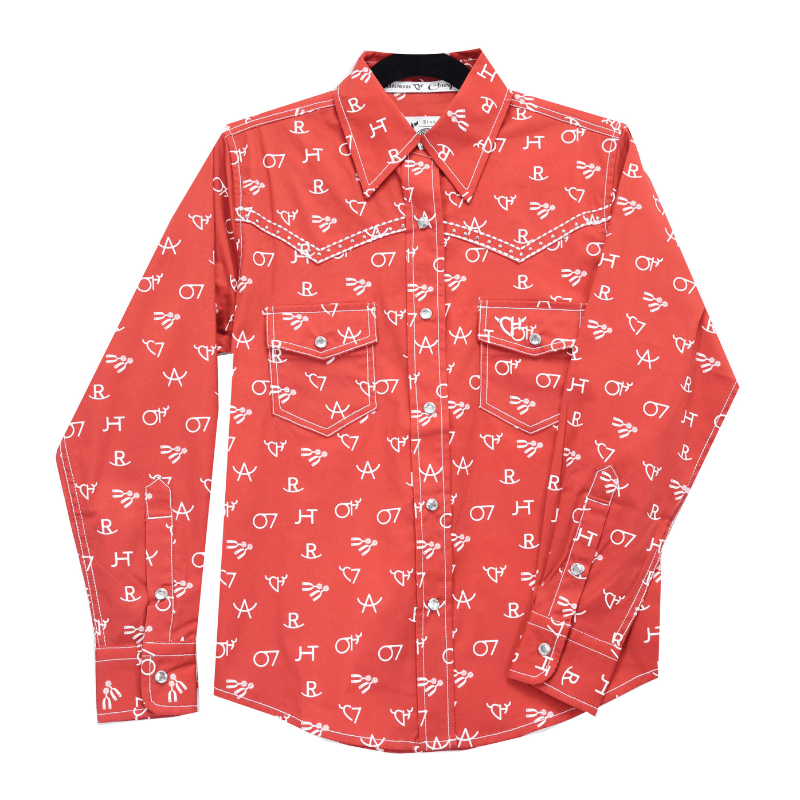 Youth Girl's Cowgirl Hardware Red "Branding Irons" Long Sleeve Western Shirt from Cowboy Hardware