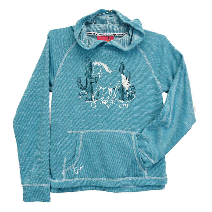 Youth Girl's Cowgirl Hardware Turquoise "Cactus Horse" Slub Hoody from Cowboy Hardware