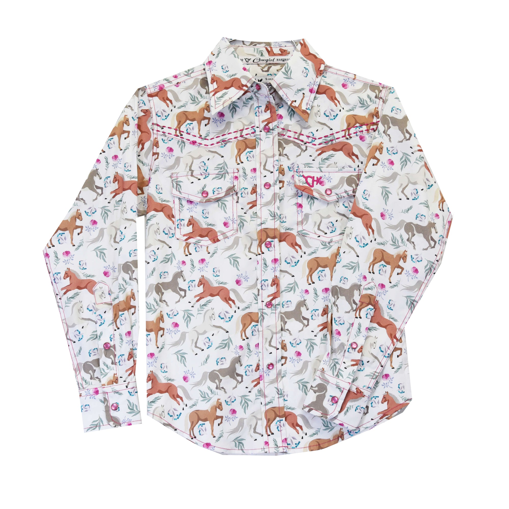 Youth Girl's Cowgirl Hardware White "Horse Flowers" Long Sleeve Western Shirt from Cowboy Hardware