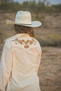 Back view of Women's Cowgirl Hardware Vintage Off-White Embroidered Long Sleeve Solid Western Shirt