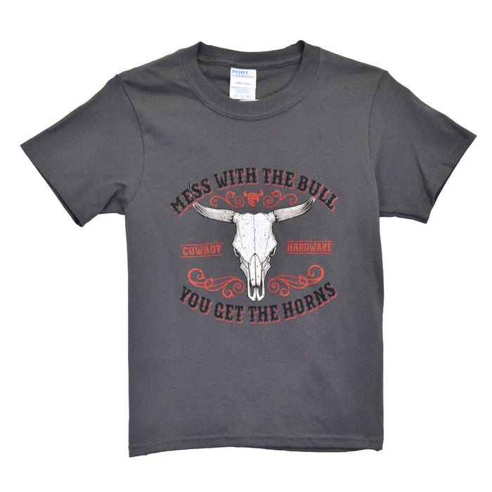 Boy's CH Charcoal "Mess with the Bull, You Get The Horns" Short Sleeve T-Shirt from Cowboy Hardware