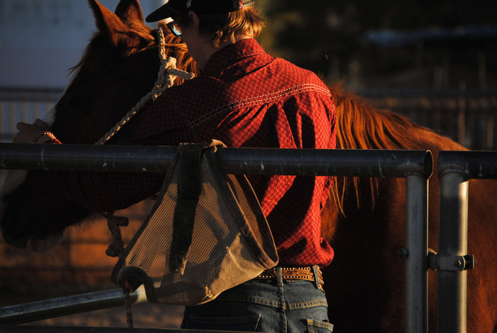 Cowboy petting horse in pen wearing Cowboy Hardware's geo morse chili long sleeve print button up western shirt