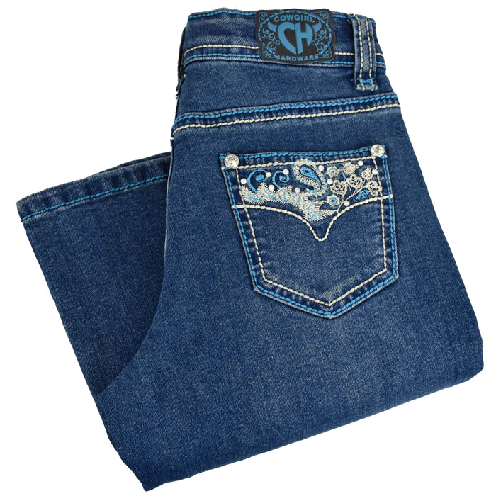 Girl's Medium Wash Faux Flap Turquoise and White Stitched Vine Paisley Jeans from Cowgirl Hardware