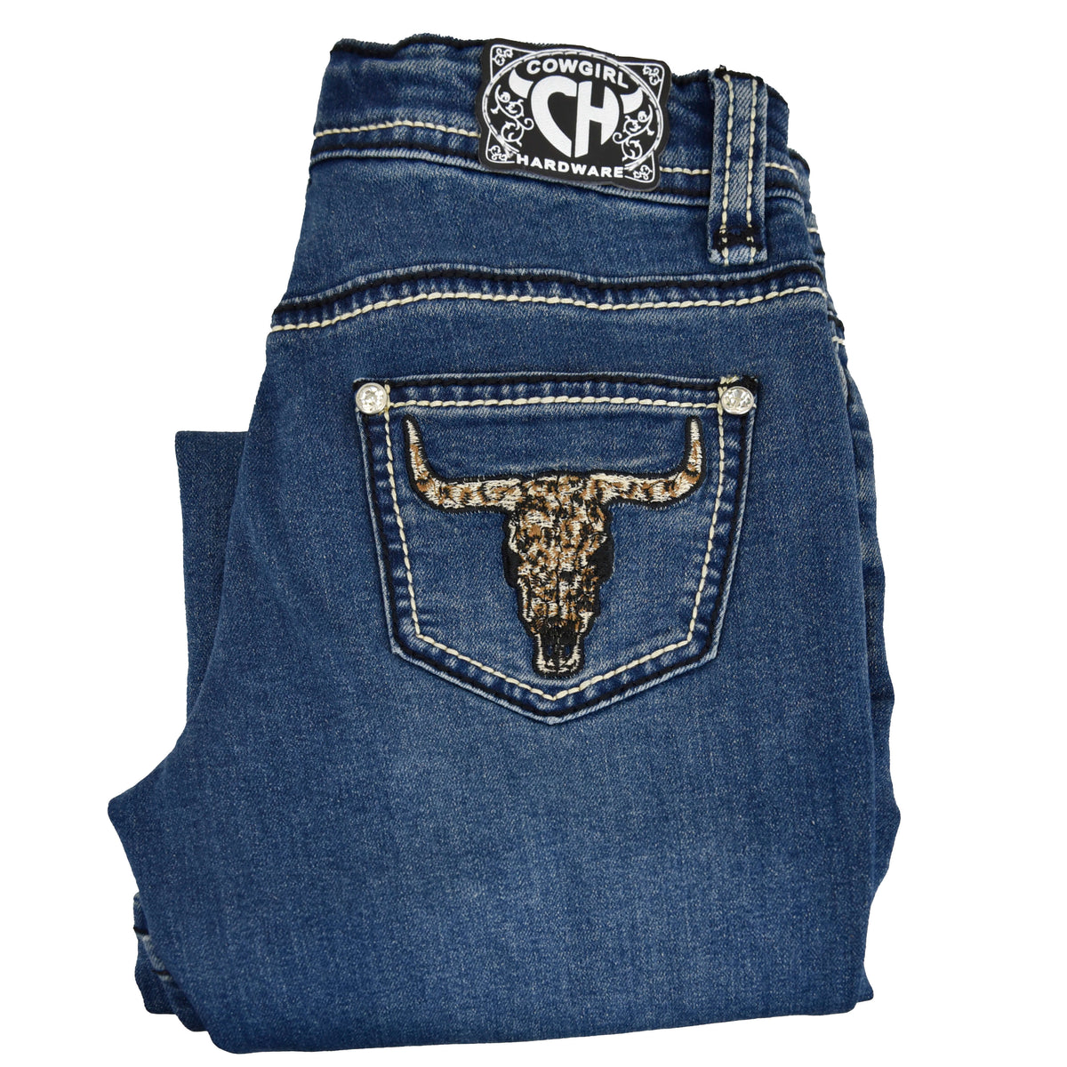 Girl's Cowgirl Hardware Medium Wash Tan and Black Embroidered Leopard