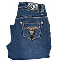 Girl's Medium Wash Tan and Black Embroidered Leopard Skull Jeans from Cowgirl Hardware