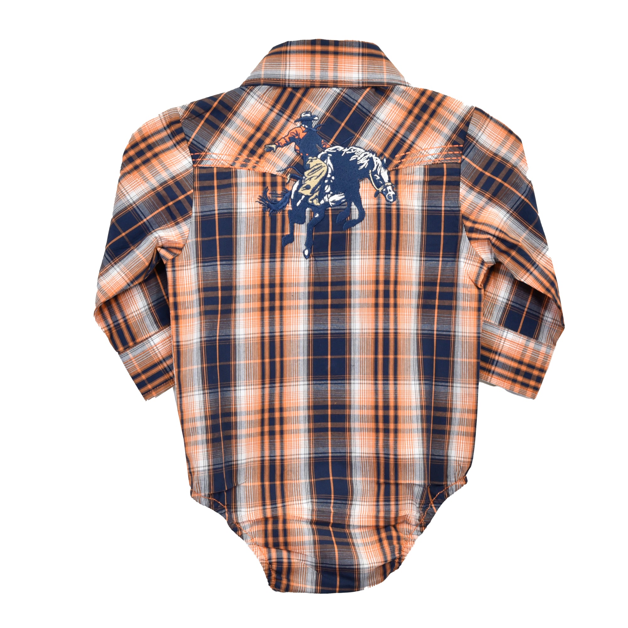 infant boys cowboy hardware orange and navy hermosillo long-sleeve western romper backside