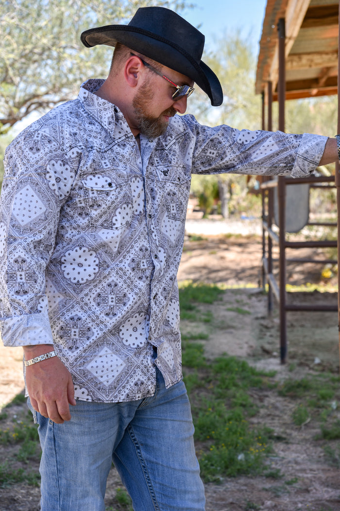 Mens cowboy hardware black white bandana long sleeve western shirt lifestyle