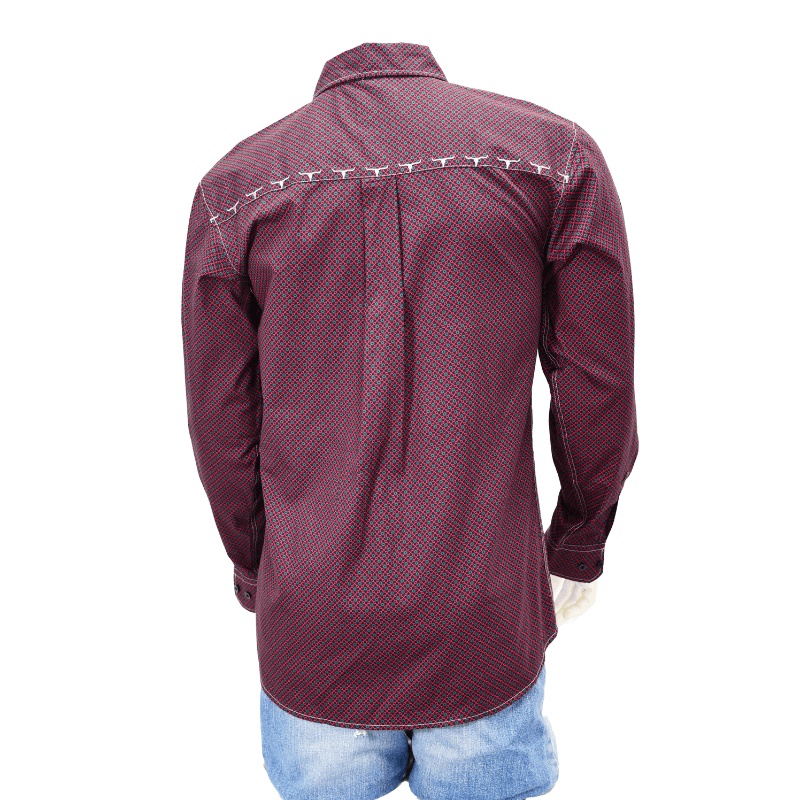 Men's Cowboy Hardware Dark Red Puzzle Star Long Sleeve Western Shirt with Buttons