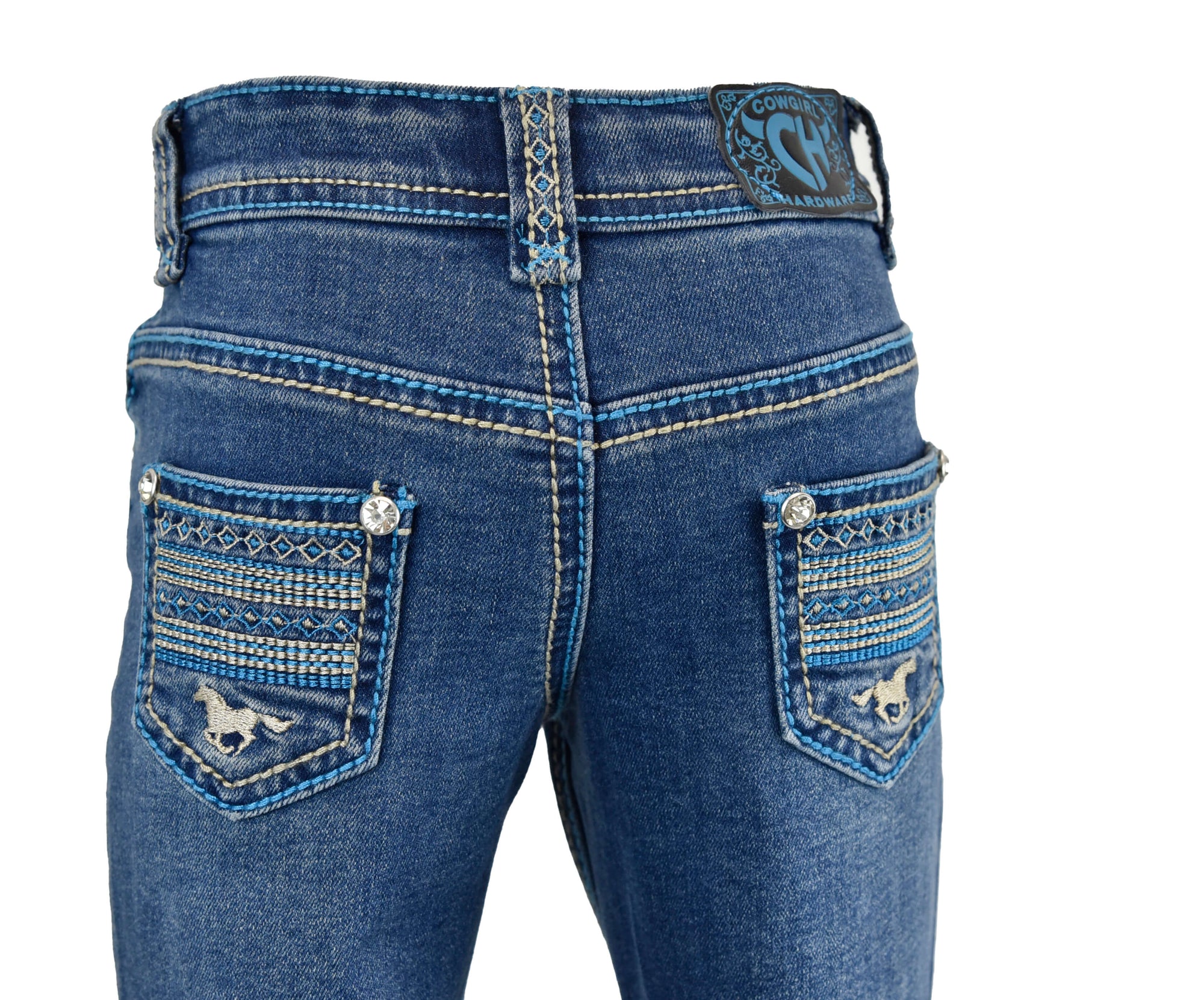 Toddler Medium Wash Turquoise and White Aztec Pattern With Horse Jeans from Cowgirl Hardware