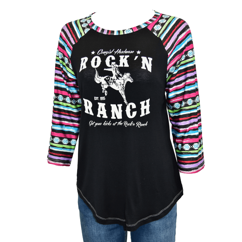 This Women's Black Rock'N Ranch Serape Slv Raglan is the perfect blend of style and comfort for any cowgirl.