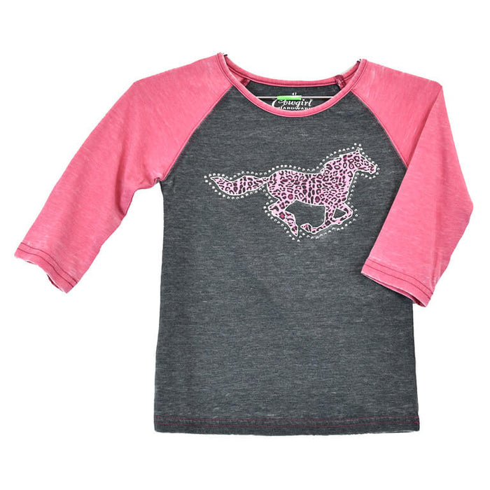 Infant and Toddler Girl's Cowgirl Hardware Pink Sleeved Leopard Horse AW Raglan