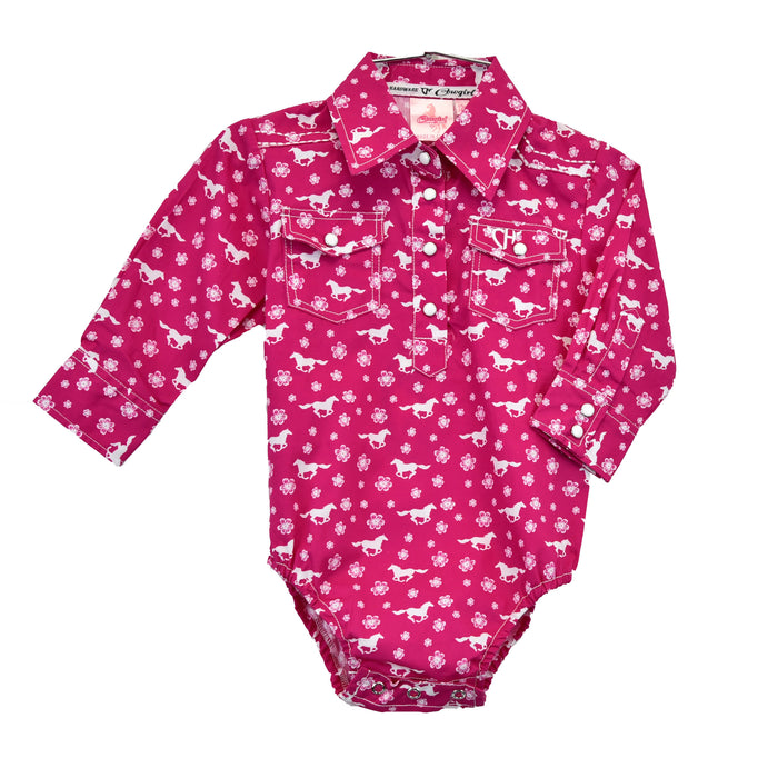 Infant Girl's Cowgirl Hardware Hot Pink Daisy Rider Long Sleeve Print Romper