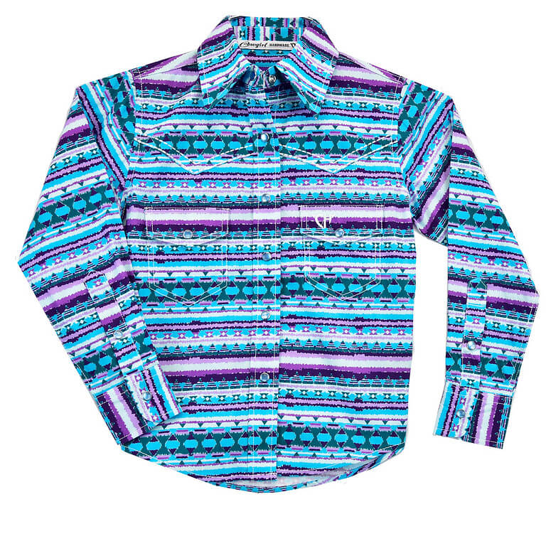Youth Girl's Cowgirl Hardware Turquoise Vintage Aztec Long Sleeve Print